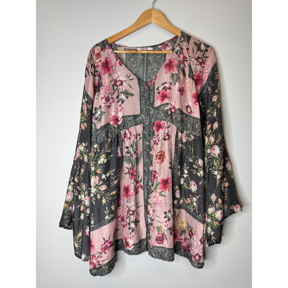 Johnny Was Silk Floral Patchwork Bell Sleeve Babydoll Blouse Pink Grey L